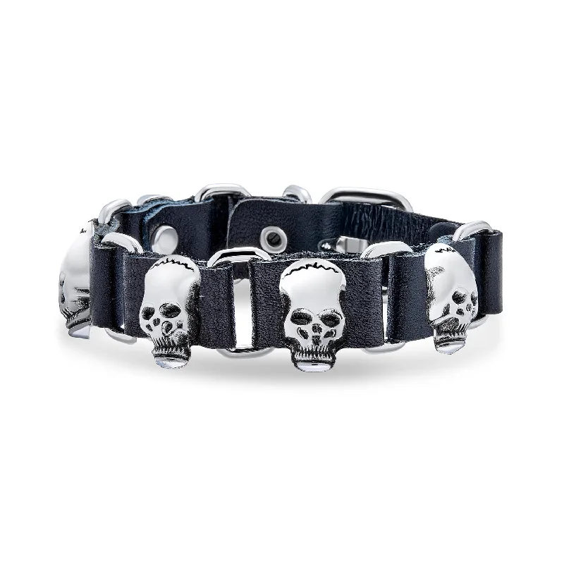 Ladies bracelets recycled metal styles-Biker Chain Link Bracelet Skull Heads Black Leather Studded Cuff for Men s