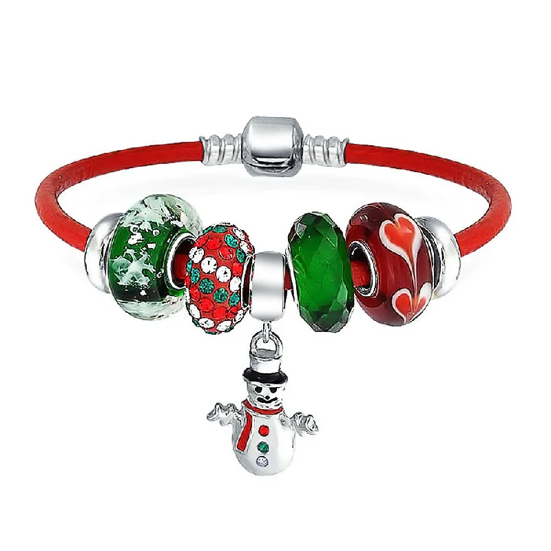 Ladies bracelets symmetrical balance styles-Christmas Snowman Charm Bracelet Red Leather with Sterling Silver Clasp