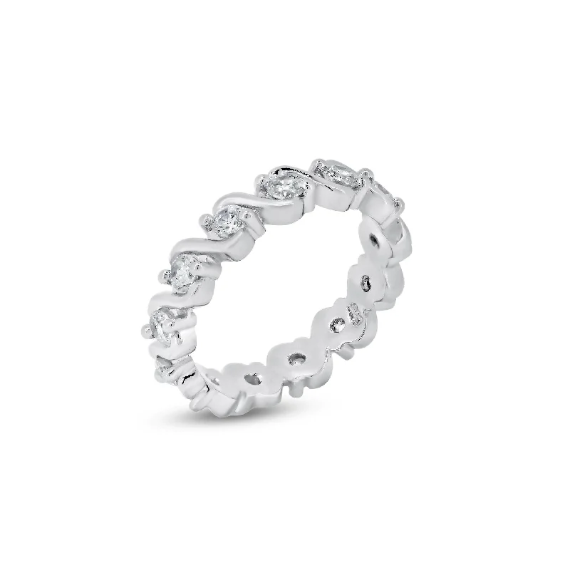 Ladies rings lab-created gem rings-Silver 925 Rhodium Plated Clear CZ Wave Eternity Ring - BGR00364