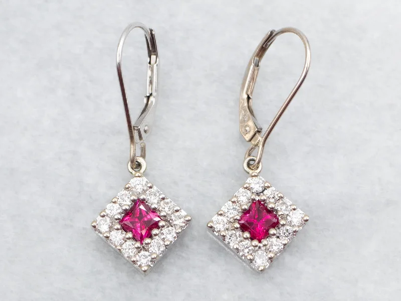 Ladies earrings vintage modern designs-Pretty Ruby and Diamond Halo Drop Earrings