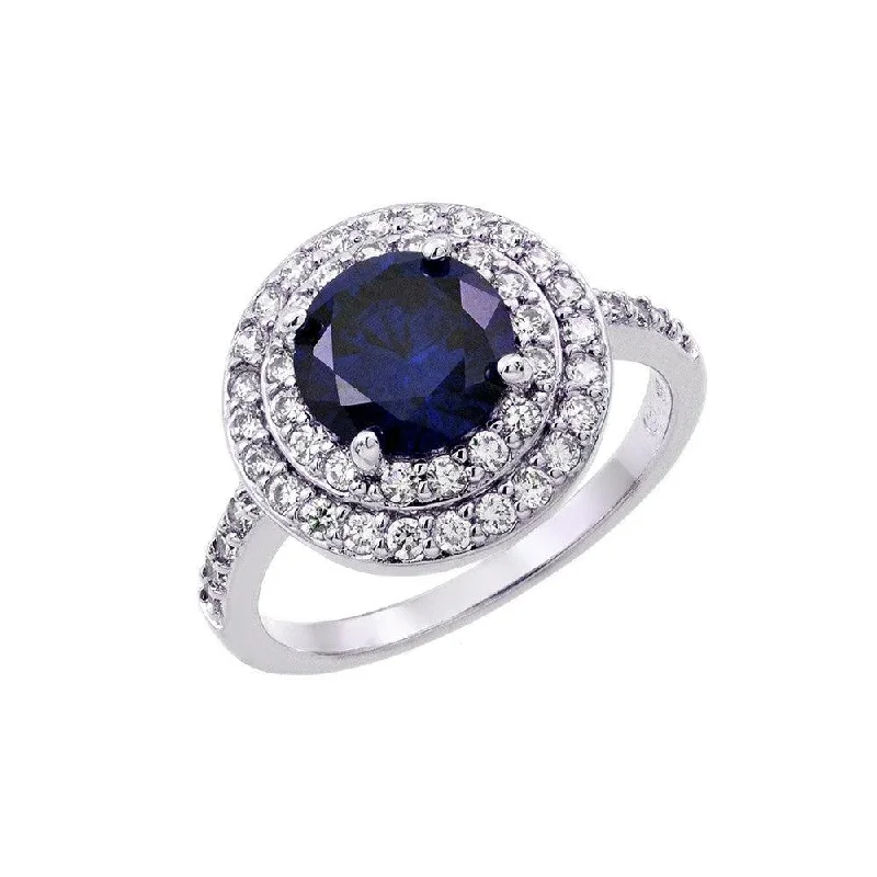 Ladies rings art nouveau styles-Silver 925 Rhodium Plated Blue Center and Clear Cluster CZ Ring - BGR00886TAN