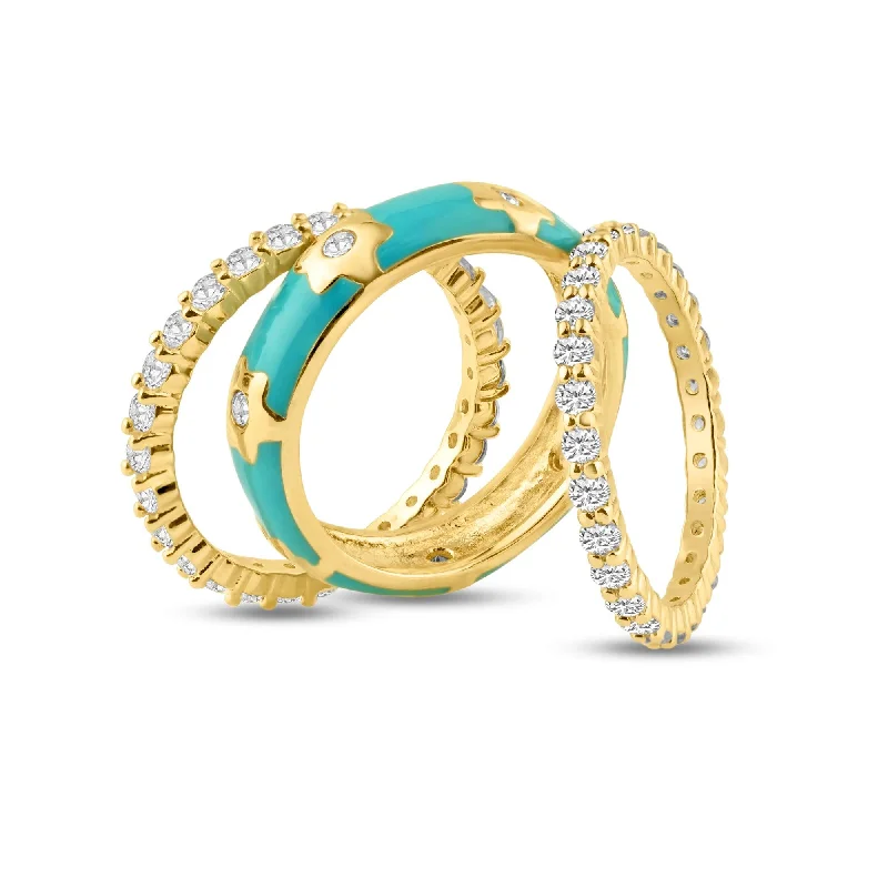 Ladies rings sturdy build rings-Silver 925 Gold Plated Blue Enamel CZ Flower Stackable Ring Set - STR00554