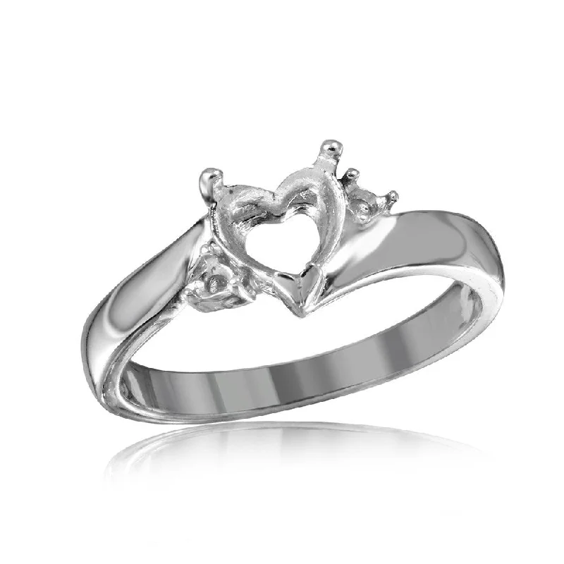 Ladies rings floral detail rings-Silver 925 Rhodium Plated Heart Center Stone Mounting Ring - BGR00489