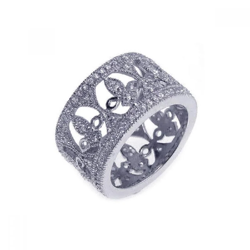 Ladies rings artisan cooperative rings-Silver 925 Rhodium Plated CZ Fleur De Lis Eternity Ring - STR00552