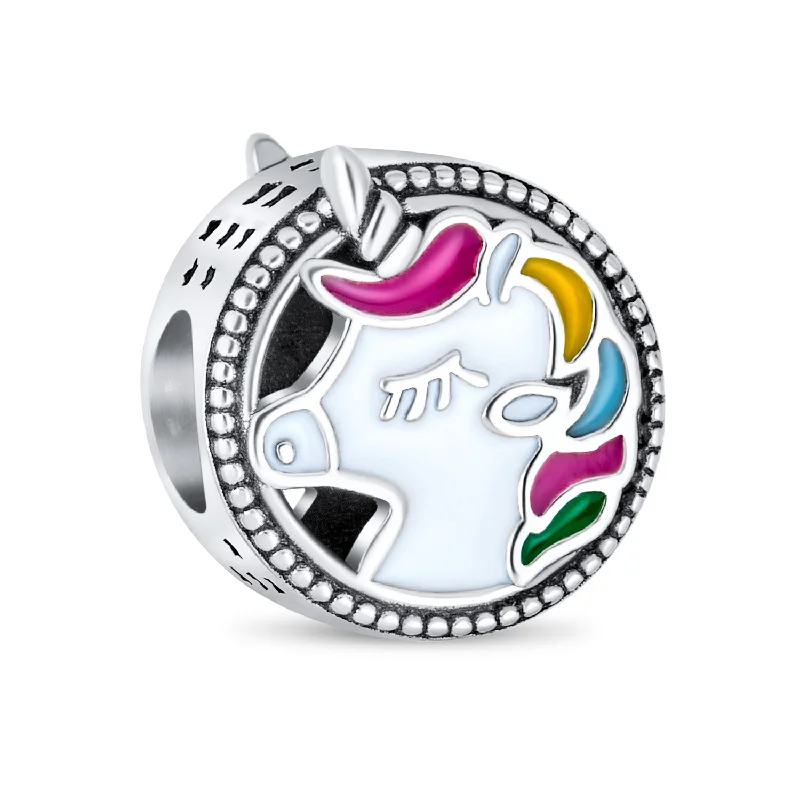 Ladies bracelets matte gem bracelets-Good Luck Unicorn Charm Bead Colorful Enamel Sterling Silver for Bracelets