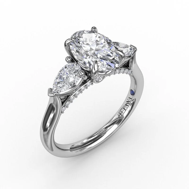 Ladies engagement rings asscher solitaires-Classic Three-Stone Oval Engagement Ring With Pear-Shape Side Stones