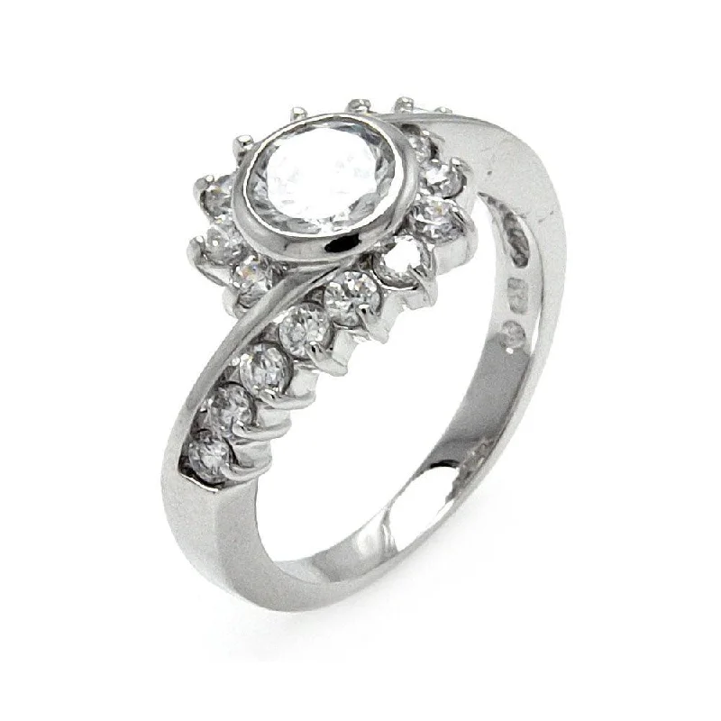 Ladies rings art deco elegance-Silver 925 Rhodium Plated Clear Round Center CZ Flower Ring - BGR00529