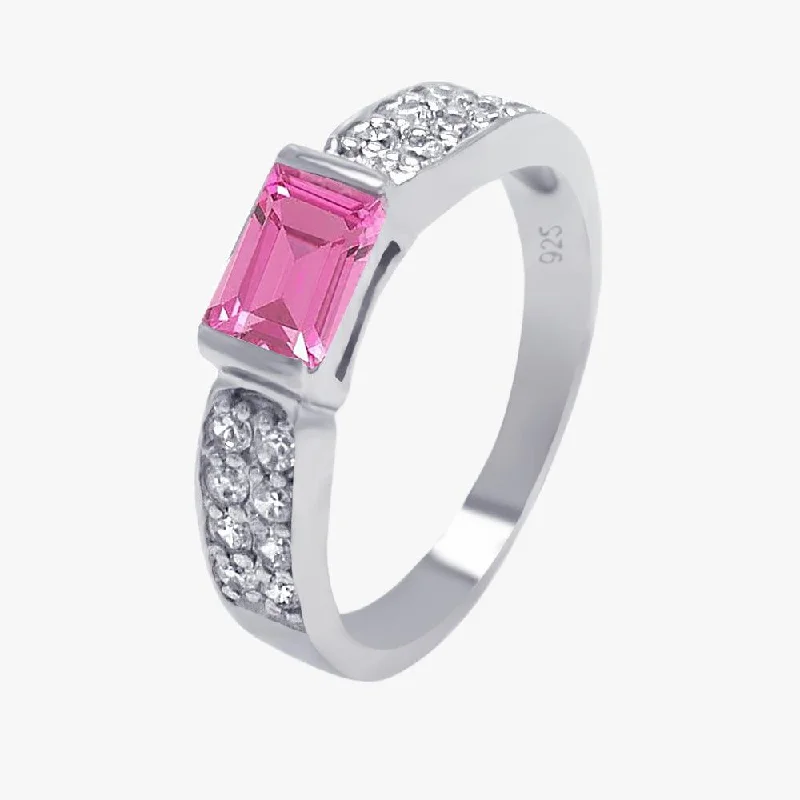 Ladies rings budget-friendly finds-Silver 925 Rhodium Plated Pink Rectangular Center Pave CZ Ring - AAR0002PINK