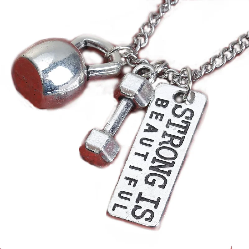 Ladies necklaces comfort curve styles-Sexy Sparkles Strong Is Beautiful Fitness Dumbell kettlebell Necklace