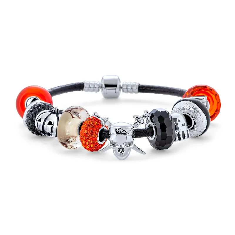 Ladies bracelets infinity symbol designs-Cross Skull Ghost Pumpkin Charm Bracelet with Black Orange Beads Leather & Silver