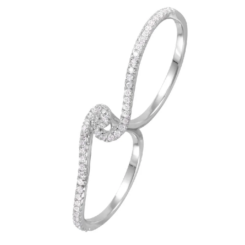 Ladies rings stretch band styles-Silver 925 Rhodium Plated CZ Two-Finger Ring - GMR00062