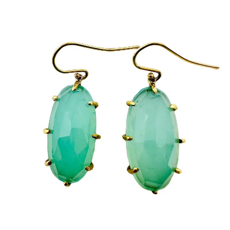 Ladies earrings jewelry care tips-Sally Kay 18K Gold Oval Faceted Green Chalcedony Earrings