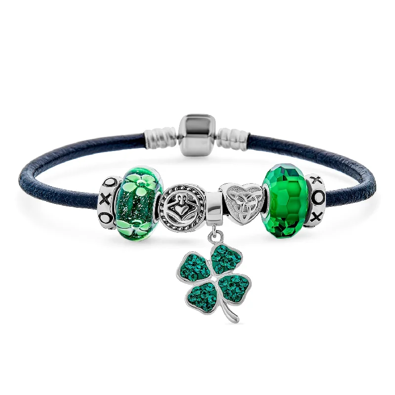 Ladies bracelets cubist style designs-Celtic Clover Charm Bracelet with Irish Knot and Claddagh Bead on Leather 7.5 Inch