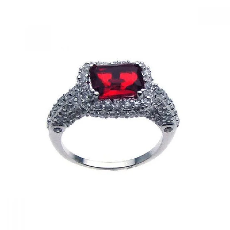 Ladies rings rainbow gem designs-Silver 925 Rhodium Plated Red Center Pave Set Clear CZ Ring - STR00475