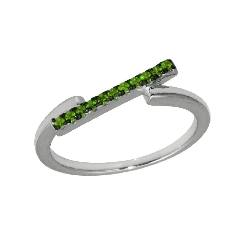 Ladies rings special occasion styles-Rhodium Plated 925 Sterling Silver Green CZ Bar Ring - BGR01234GRN