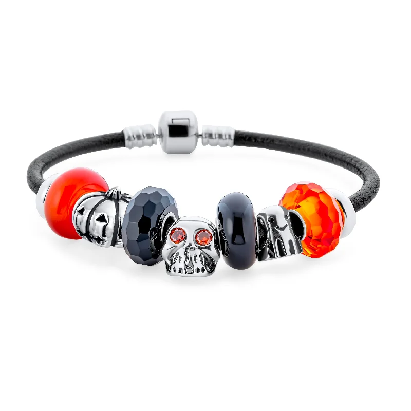 Ladies bracelets abstract form bracelets-Halloween Skull Ghost Pumpkin Charm Bracelet with Orange Glass Beads 6.5-8.5 Inch