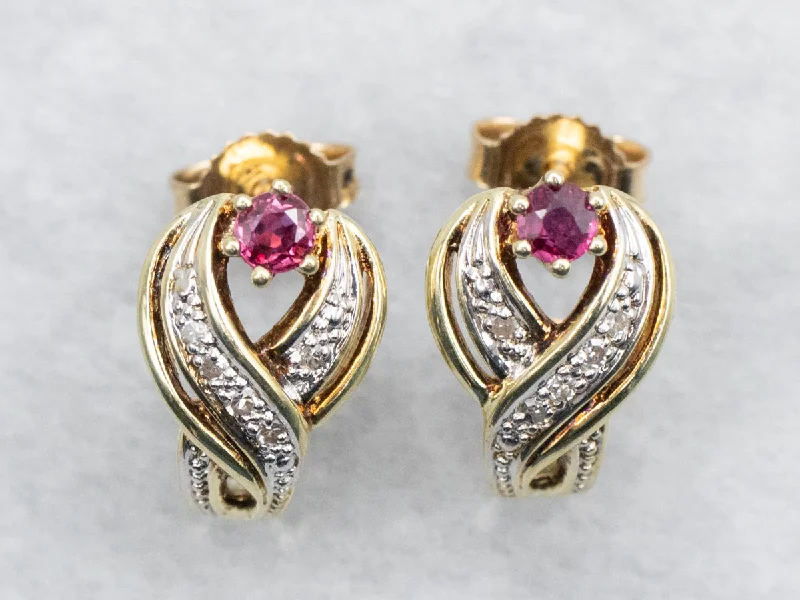 Ladies earrings scratch-resistant styles-Two Tone Ruby and Diamond Crossover Stud Earrings