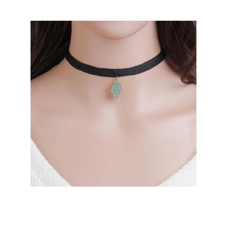 Ladies necklaces textured chain designs-Sexy Sparkles Velvet Hamsa Hand Choker Necklace for Women Girls Gothic Choker Bolo Tie