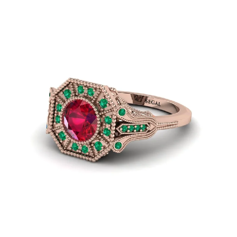 Ladies engagement rings bold halo styles-Ruby 14K Gold Art Deco Engagement Ring - Erin No. 26