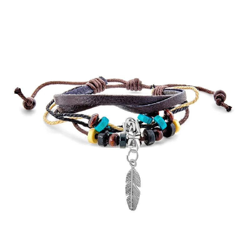 Ladies bracelets surrealist style designs-Boho Zen Leaf Triple Wrap Bracelet with Turquoise Beads and Feather Charm