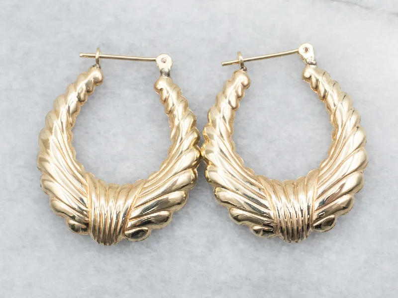 Ladies earrings festive holiday gifts-Yellow Gold Lined Design Hollow Hoop Earrings