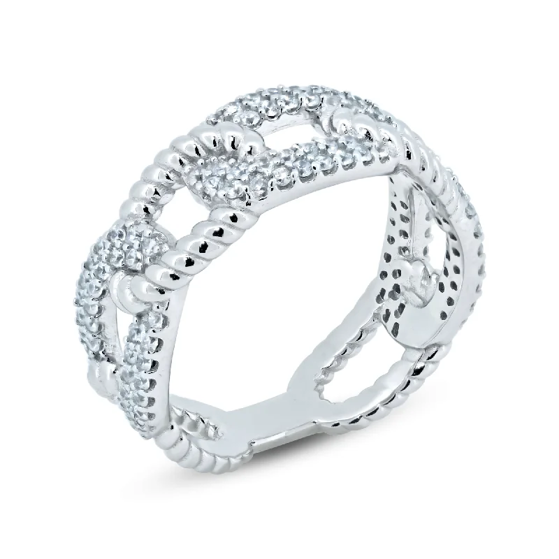 Ladies rings wave pattern rings-Silver Rhodium Plated Link CZ Ring - GMR00370