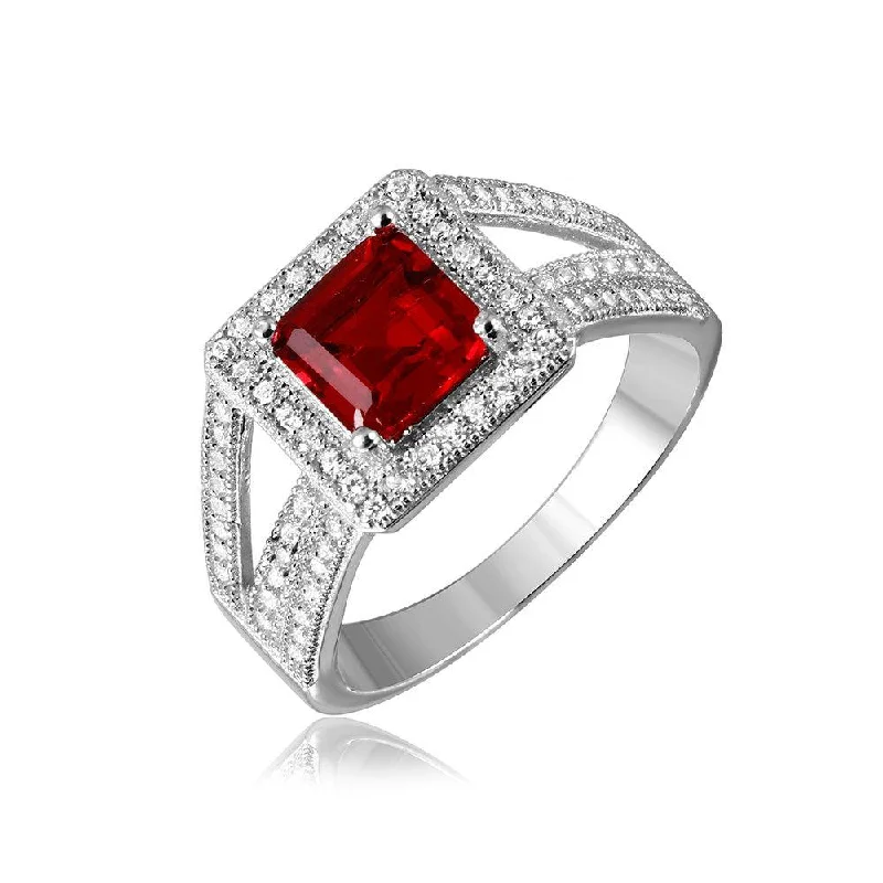 Ladies rings sculptural ring shapes-Silver 925 Rhodium Plated Red Square Halo with Micro Pave CZ Ring - GMR00103R