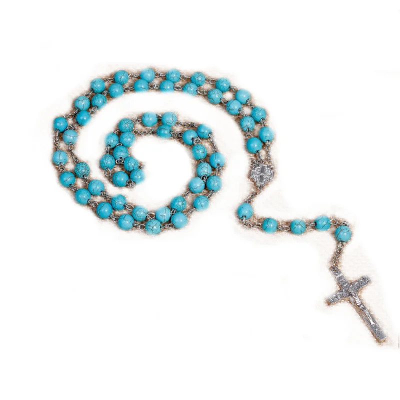 Ladies necklaces princess cut designs-SEXY SPARKLES Christian / Catholic Cross Religious Prayer Rosary Beads Y Shaped Lariat Turquoise Color Necklace