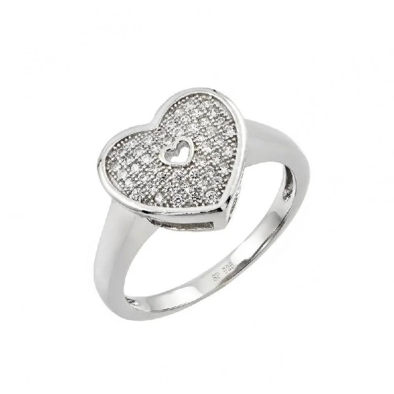 Ladies rings wide band designs-Silver 925 Rhodium Plated Micro Pave Heart CZ Ring - STR00950