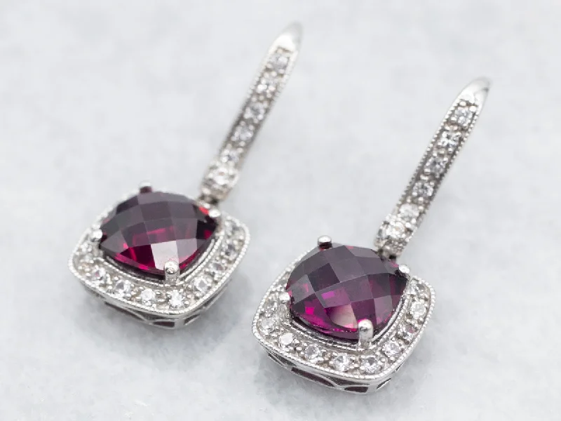 Ladies earrings friendship pair designs-Rhodolite Garnet Drop Earrings with Diamond Halo