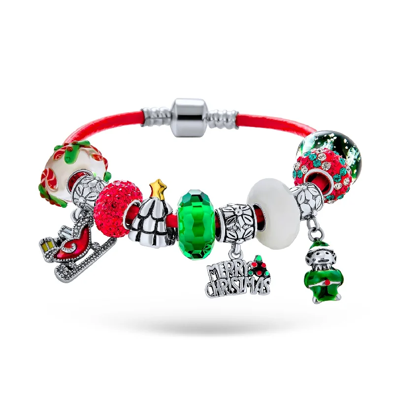 Ladies bracelets princess cut designs-Merry Christmas Tree Elf Sleigh Candy Cane Beads Multi Charm Bracelet Red Leather