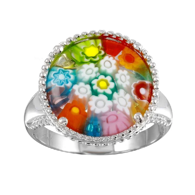 Ladies rings vibrant shade designs-Rhodium Plated 925 Sterling Silver Murano Glass Beaded Design Ring - MR00002