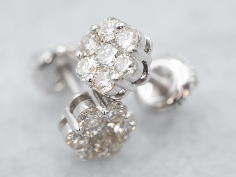 Ladies earrings clip-on earring styles-Floral Diamond Stud Earrings in White Gold