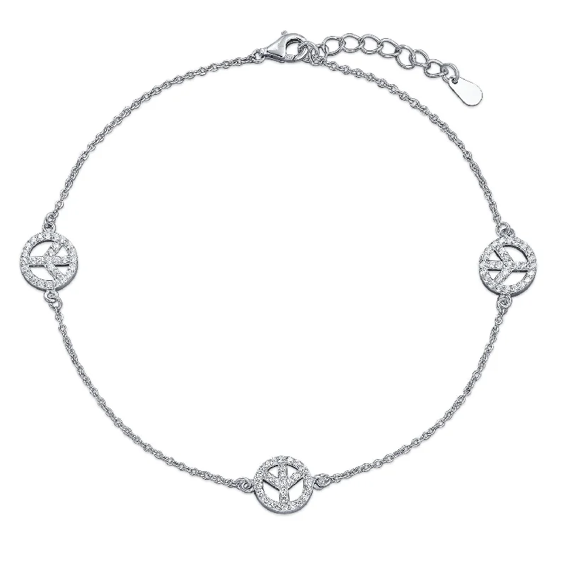 Ladies bracelets festive holiday gifts-Multi CZ Peace Sign Anklet Ankle Bracelet Sterling Silver 9-10 Inch