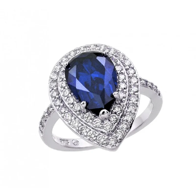 Ladies rings onyx black accents-Silver 925 Rhodium Plated Blue Center and Clear Cluster CZ Teardrop Ring - BGR00887TAN