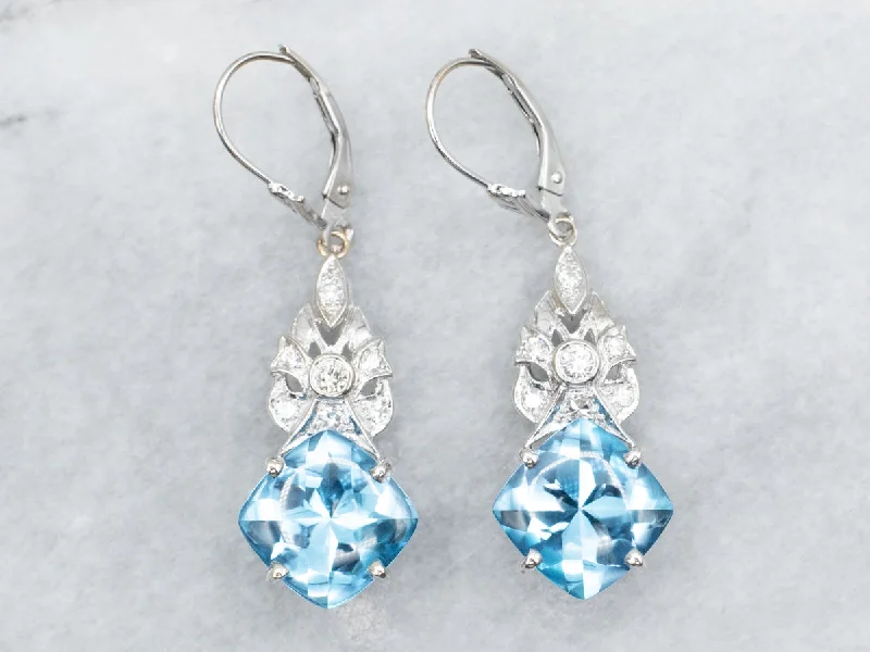 Ladies earrings emerald cut earrings-Blue Topaz and Diamond Drop Earrings