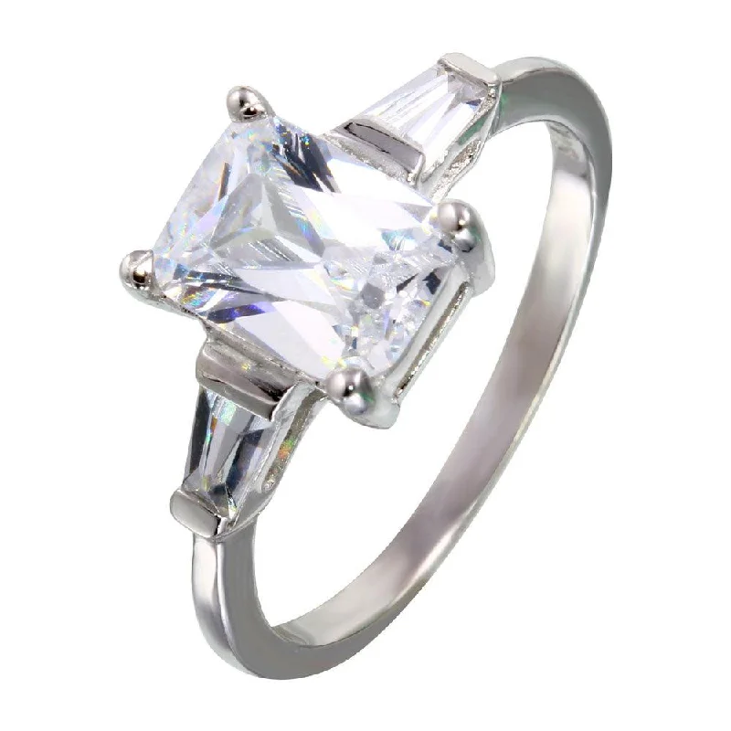 Ladies rings faceted gem rings-Rhodium Plated 925 Sterling Silver Square and Baguette CZ Stones Ring - STR00703