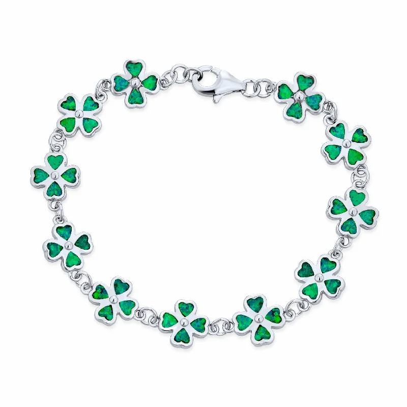 Ladies bracelets global brand styles-Created Opal Inlay Shamrock Strand Bracelet Sterling Silver Lucky Clover Charm