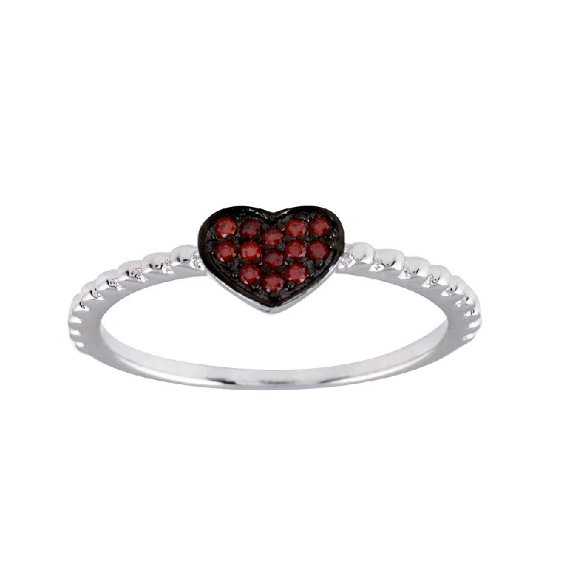 Ladies rings long-lasting designs-Rhodium Plated 925 Sterling Silver Beaded Heart Red CZ Ring - BGR01245RED