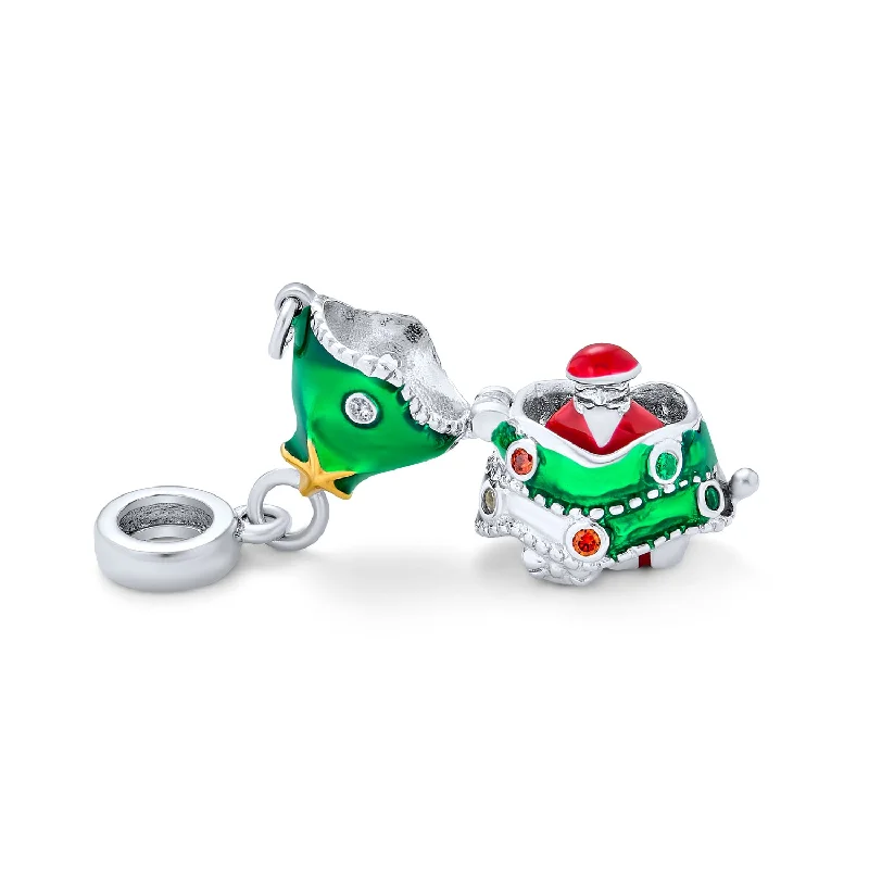 Ladies bracelets faceted gem styles-Green Christmas Charm Bead with Santa Locket for European Bracelets Sterling Silver