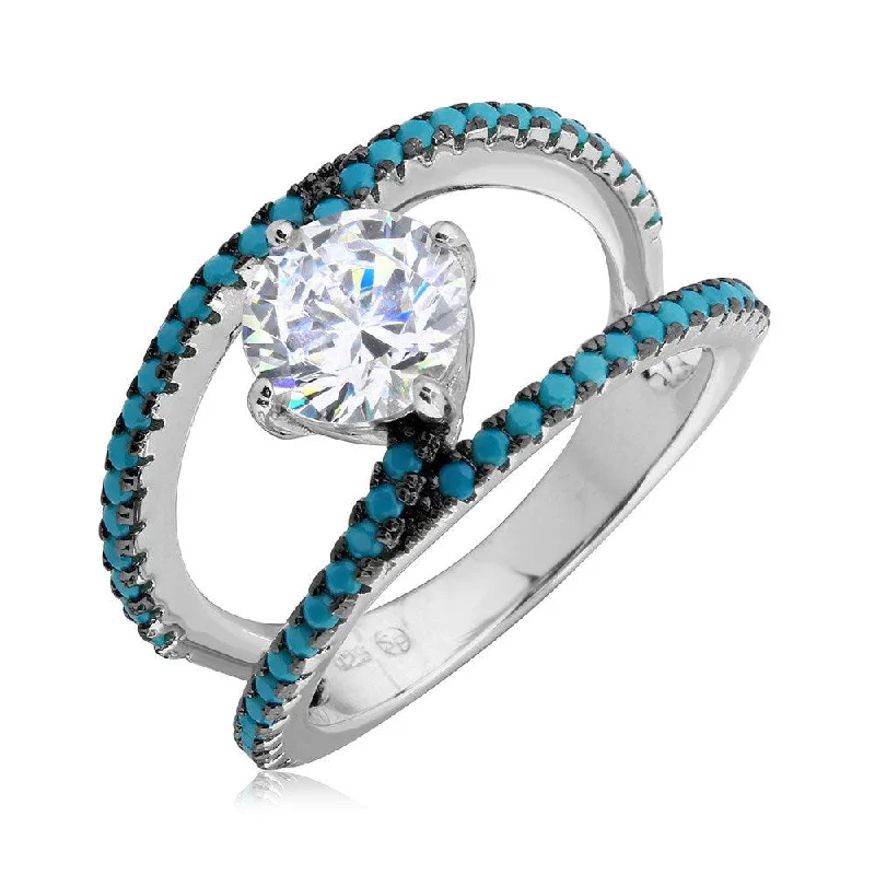 Ladies rings textured band designs-Rhodium Plated 925 Sterling Silver Open Shank Turquoise and CZ Stone Ring - BGR01084