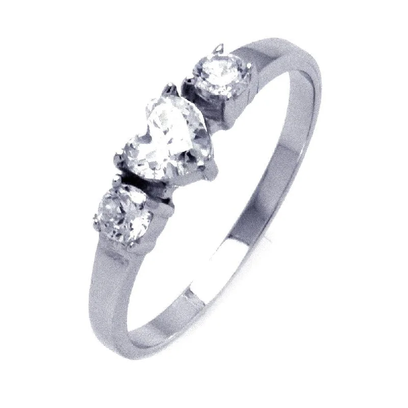 Ladies rings single layer rings-Silver 925 Rhodium Plated CZ Past Present Future Heart Ring - STR00835