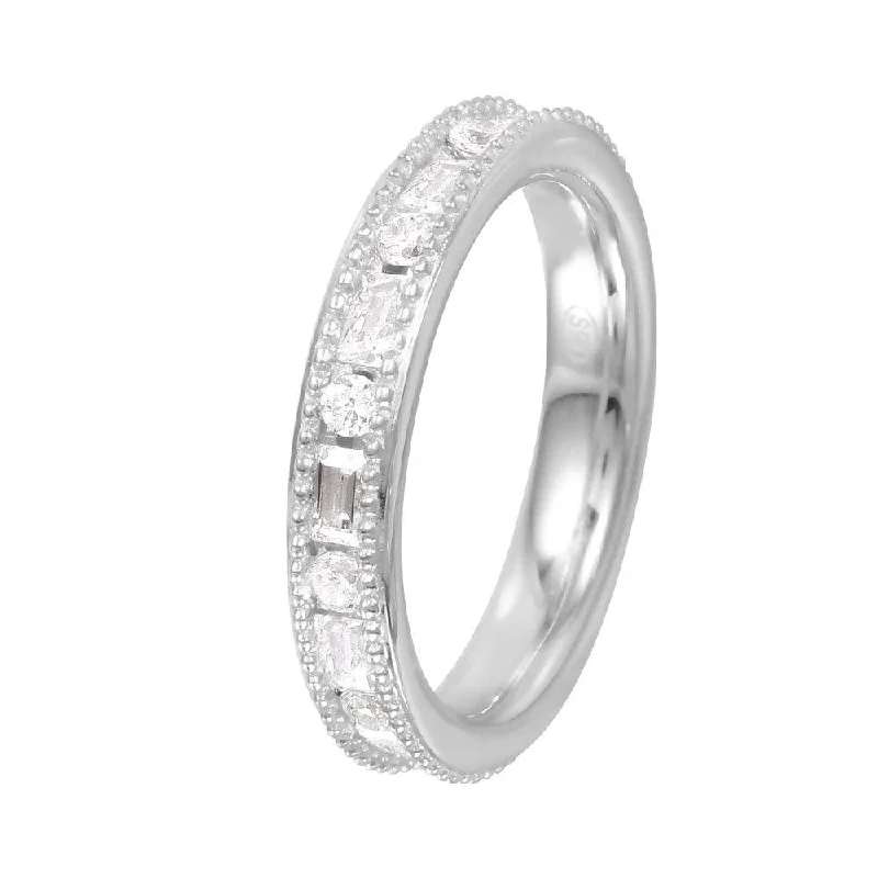 Ladies rings medium width styles-Silver 925 Rhodium Plated Chanel Set CZ Ring - GMR00061