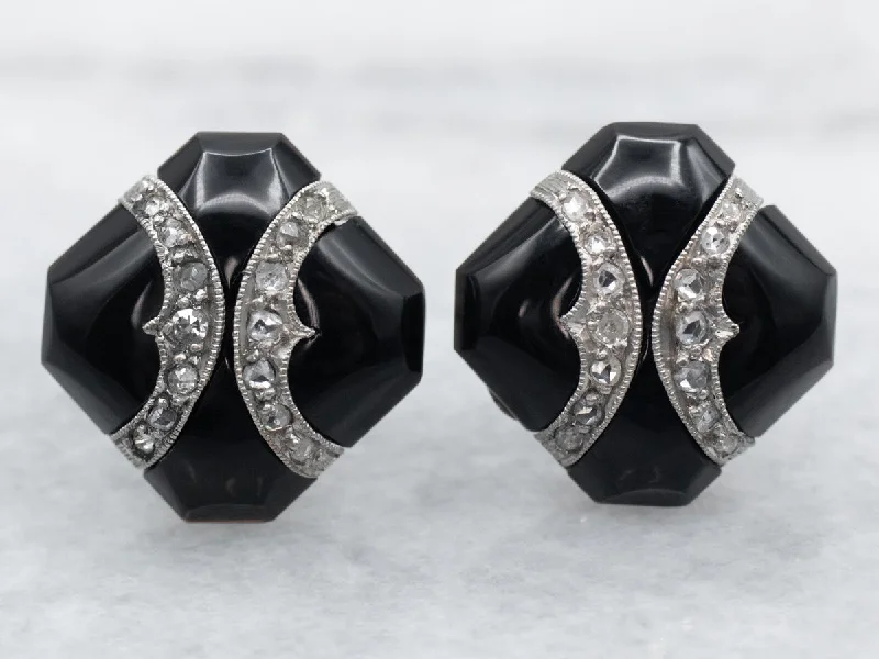 Ladies earrings age-appropriate designs-Black Onyx and Diamond Stud Earrings