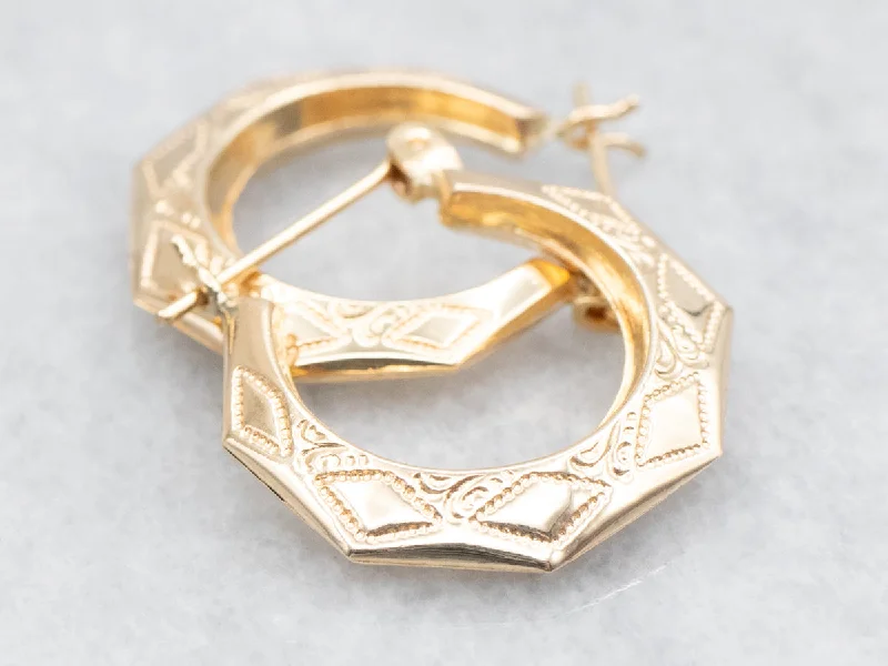 Ladies earrings wedding accessory pieces-Geometric Etched Patterned Hoop Earrings