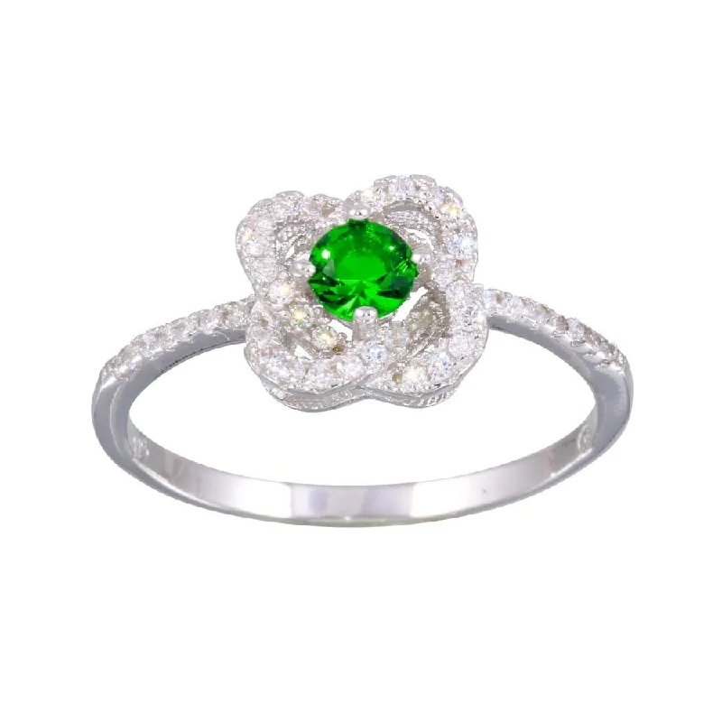 Ladies rings sharp edge styles-Rhodium Plated 925 Sterling Silver CZ Knot Green Center Stone Ring - BGR01141GRN