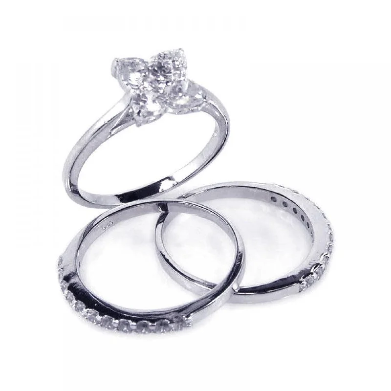 Ladies rings tarnish-free rings-Silver 925 Rhodium Plated Flower Center Clear CZ Bridal Ring Set - BGR00079