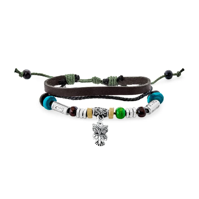 Ladies bracelets baroque inspired designs-Boho Zen Bird Triple Wrap Bracelet with Turquoise Beads and Owl Charm for Men