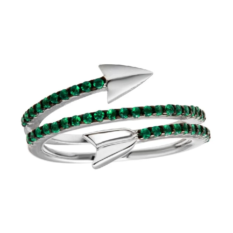 Ladies rings anniversary band designs-Rhodium Plated 925 Sterling Silver Wrap Arrow Green CZ Ring - BGR01189GREEN