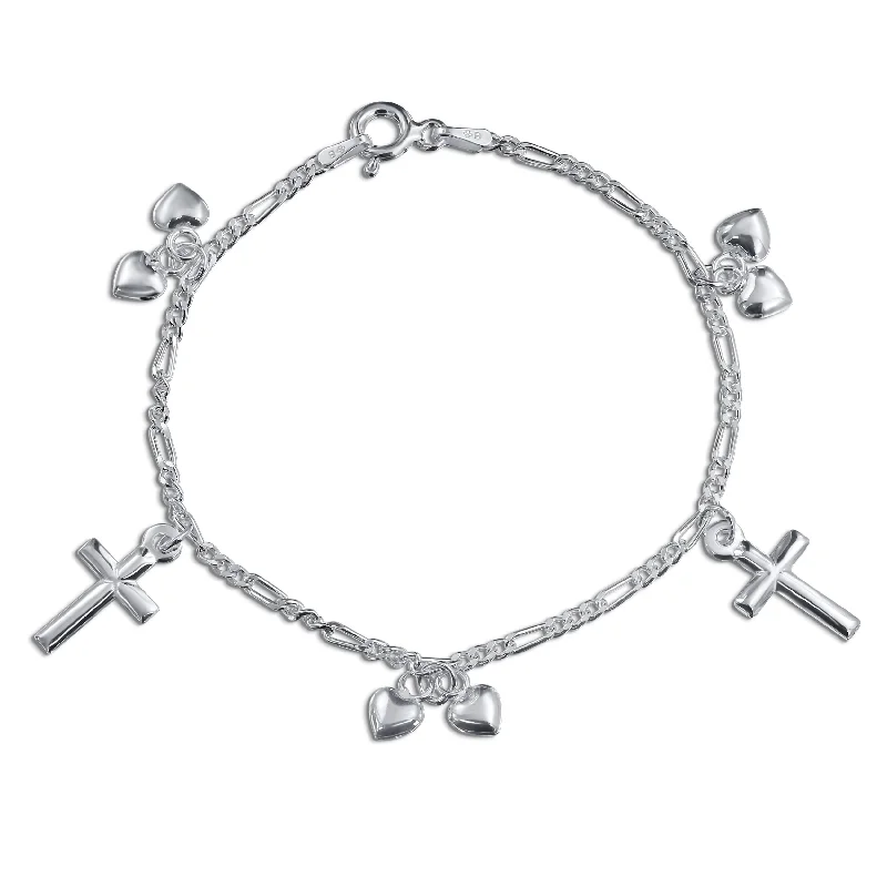 Ladies bracelets stackable bracelet sets-Christian Chain Link Bracelet with Cross & Heart Charms Sterling Silver 6-7 Inch